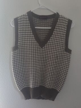 Vintage Houndstooth Knit V-Neck Sweater Vest - Brown & Cream 90s Academia Medium